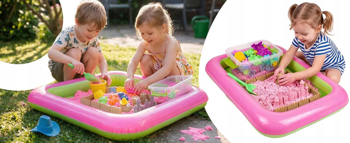 RETOO magiškas kinetinio smėlio rinkinys, 3 kg, formelės, pripučiamas baseinas ir kastuvėlis dėkle, rožinis
