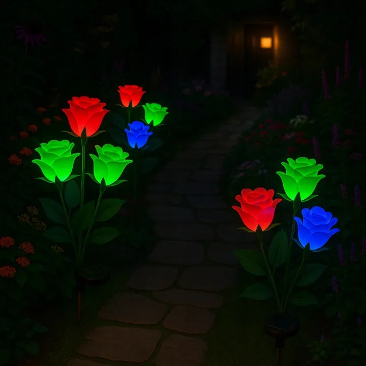 Saulės energija veikiantis rožės formos RGB šviestuvas – 2 vnt. rinkinys, dekoratyviniai sodo šviestuvai