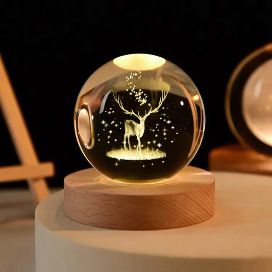 Stiklinė 3D naktinė LED lemputė vaikams, 6 cm, USB, elniukas