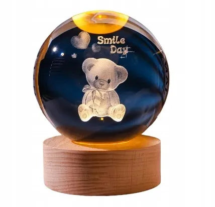 Stiklinis LED 3D rutulys–lempa su meškiuku „Smile Day“, 10 cm