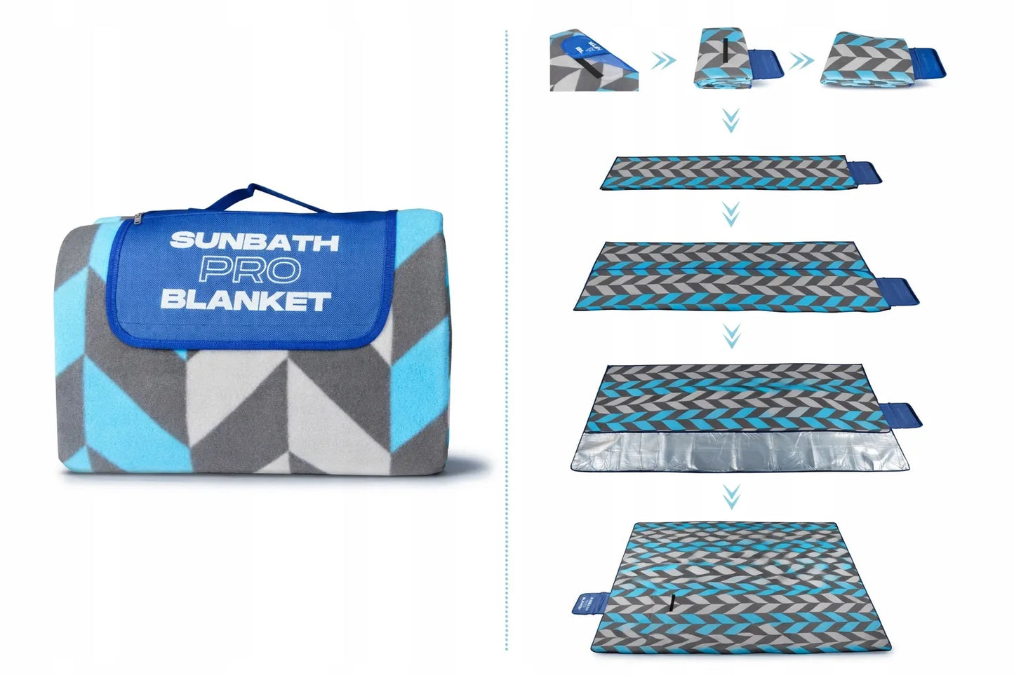 SUN PRO piknikinis paplūdimio paklotas 200x200 cm su rankena, diržu ir kuoliukais