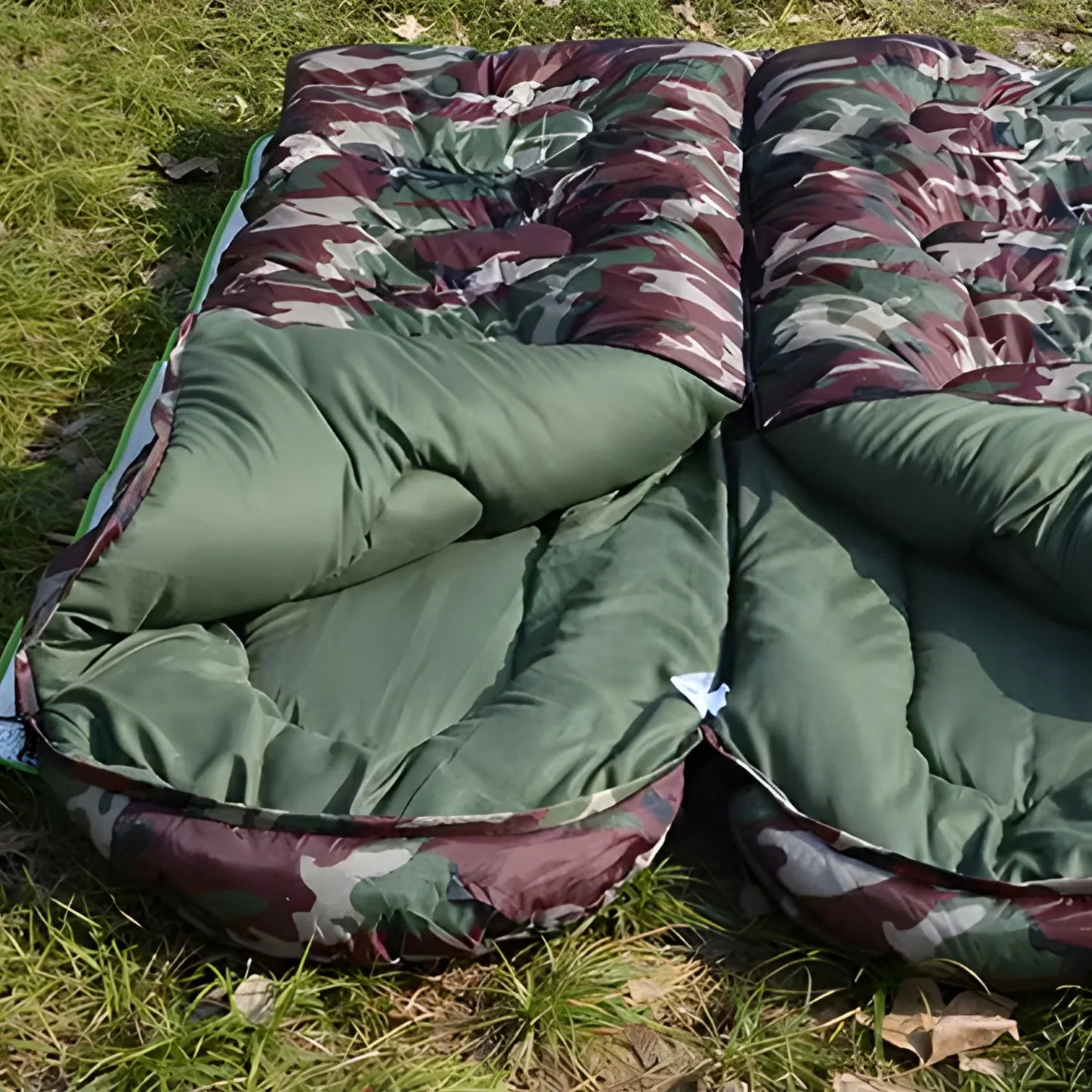 Turistinis miegmaišis, antklodės ir mumijos tipo, su gobtuvu, šiltas, kamufliažinis, 210 × 75 cm, su dėklu