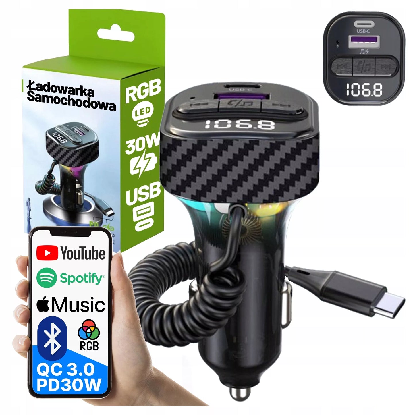 BLUETOOTH FM SIŲSTUVAS AUTOMOBILINIS ĮKROVIKLIS 30W BT 5.3 QC3.0 USB-C LAIDAS
