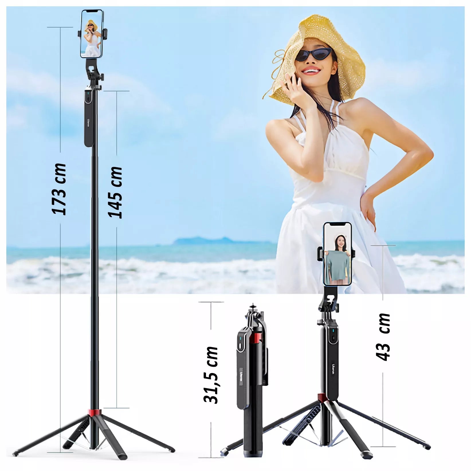 ULANZI MA09 Selfie Stick Tripod su Bluetooth nuotolinio valdymo pulteliu telefonui, GoPro kamerai