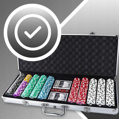Pokerio rinkinys 500 žetonų, lagaminas, kortos, Teksaso kauliukai, didelis