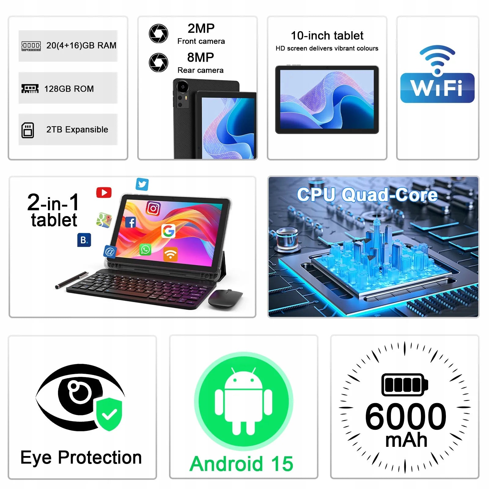 10.1 colio planšetinis kompiuteris Android 15 IPS 4GB/128GB + klaviatūra, pelė, dėklas, rašiklis Valiron