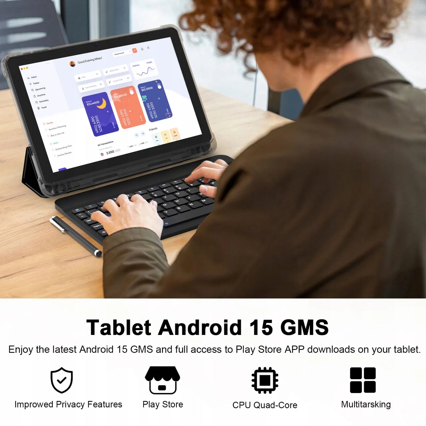 10.1 colio planšetinis kompiuteris Android 15 IPS 4GB/128GB + klaviatūra, pelė, dėklas, rašiklis Valiron
