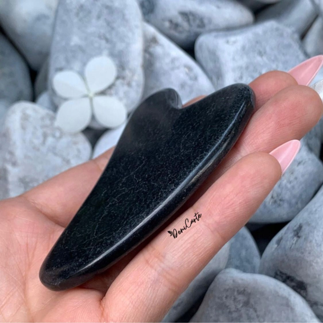 Veido masažuoklis Gua Sha akmuo, juodas nefrito volelis, dovanų rinkinys