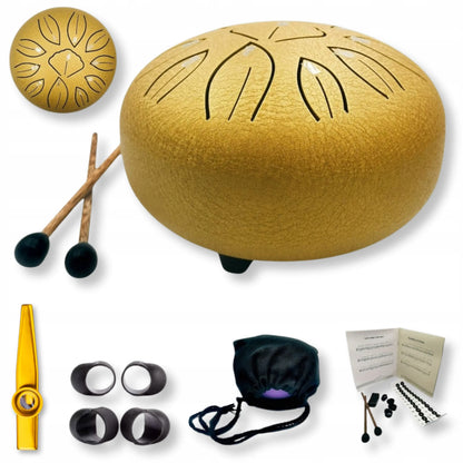 11 tonų 6 colių liežuvinis būgnas, auksinis, plieninis būgnelis, Steel Tongue Drum + kazoo