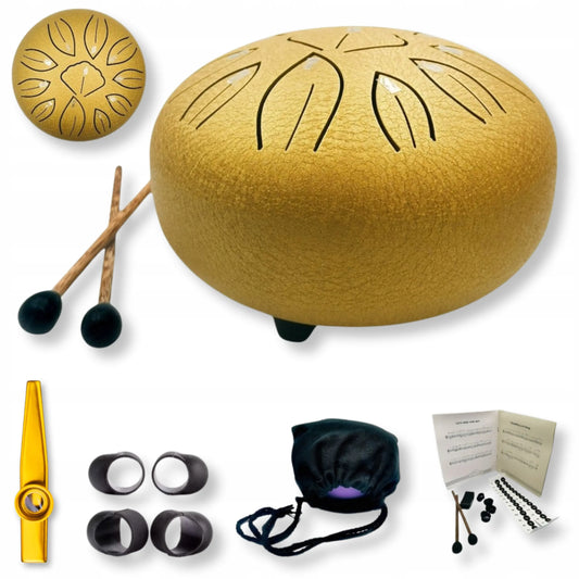 11 tonų 6 colių liežuvinis būgnas, auksinis, plieninis būgnelis, Steel Tongue Drum + kazoo