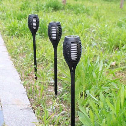 12 vnt. saulės energija varomi LED sodo šviestuvai, fakelo formos smeigiami stulpai, dekoratyviniai 12LED