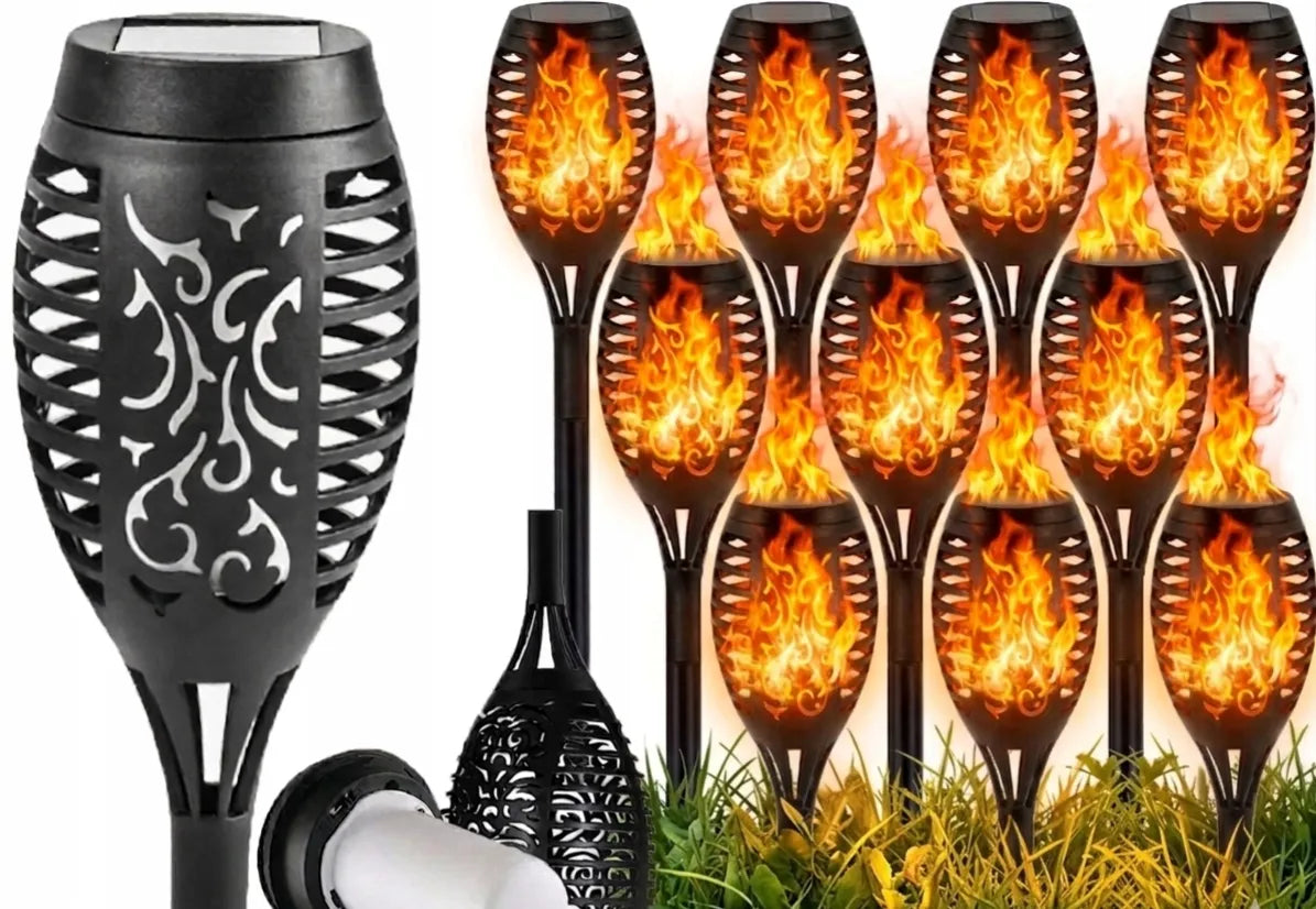 12 vnt. saulės energija varomi LED sodo šviestuvai, fakelo formos smeigiami stulpai, dekoratyviniai 12LED