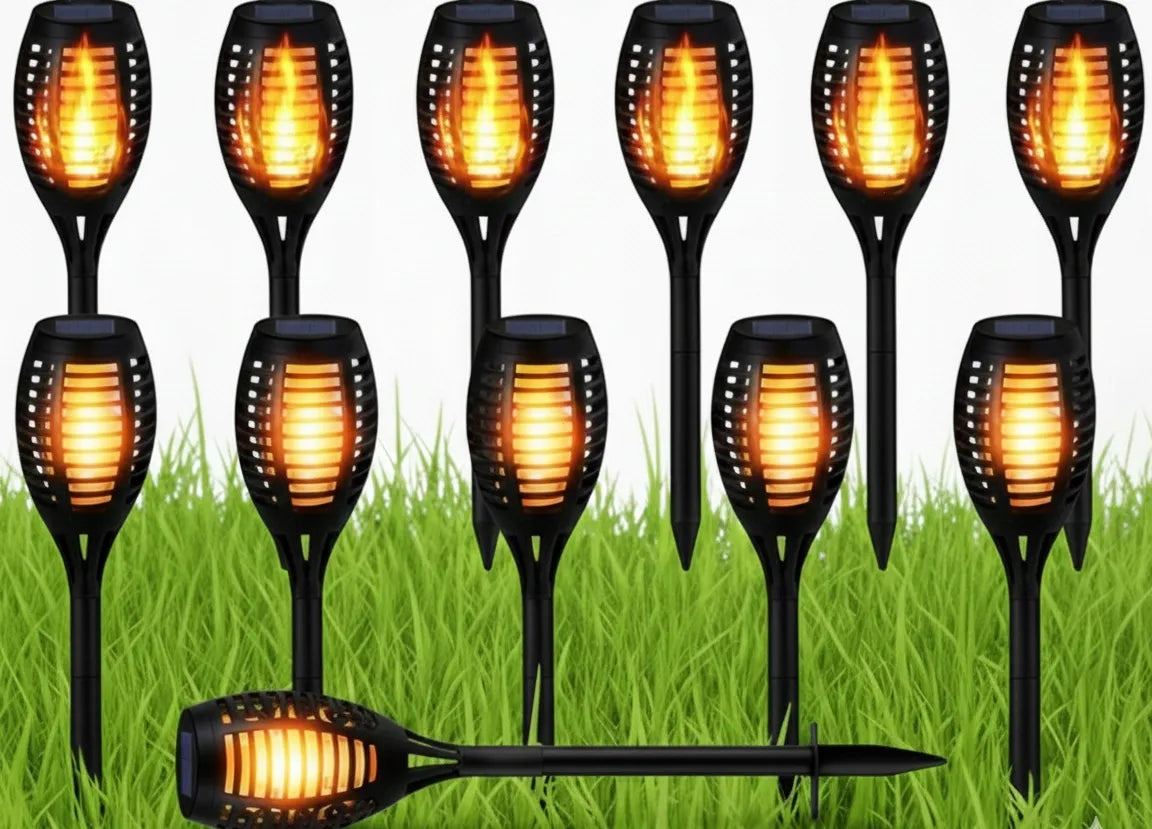 12 vnt. saulės energija varomi LED sodo šviestuvai, fakelo formos smeigiami stulpai, dekoratyviniai 12LED
