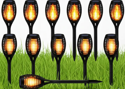 12 vnt. saulės energija varomi LED sodo šviestuvai, fakelo formos smeigiami stulpai, dekoratyviniai 12LED