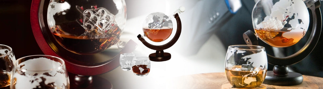 Viskių grafinas "Globus", stiklinės, akmenukai, stilinga dovana tėčiui, RINKINYS