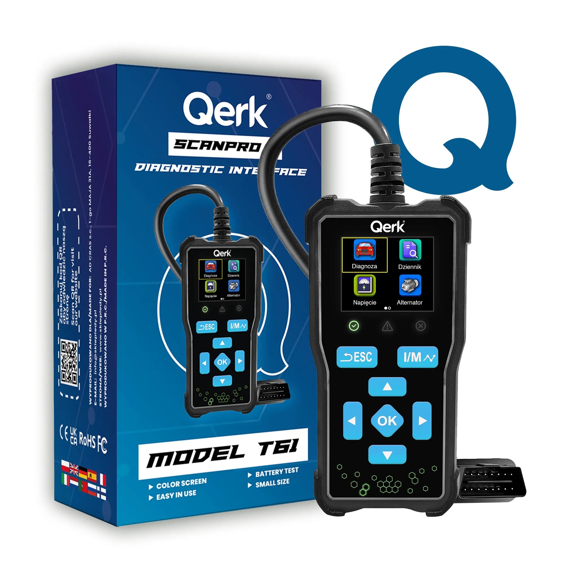 OBD2 skaitytuvas lenkišku meniu QERK T61 diagnostinė sąsaja