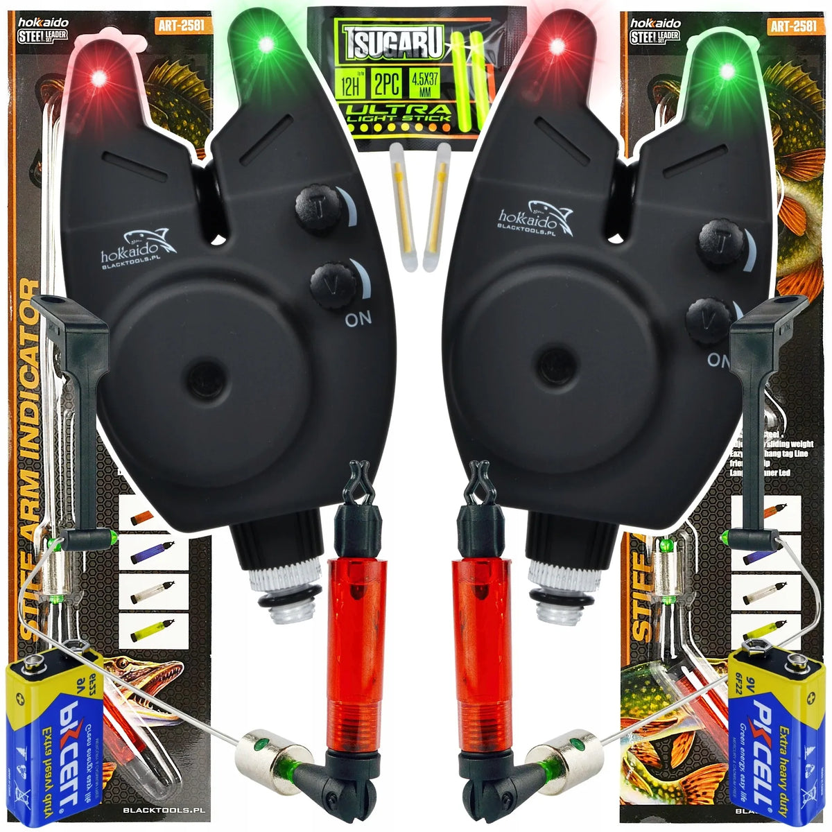 2 × kibimo signalizatoriai ir 2 × swingeriai dugninei žvejybai Hokkaido Basic su baterijomis
