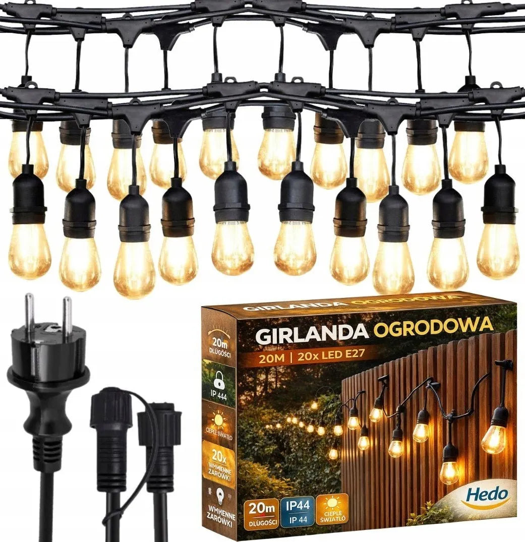 20 m ilgio LED sodo šviestuvų girlianda su 20 lempučių, tinkama jungti į elektros tinklą, atspari vandeniui