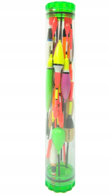 20 slankiojančių balsa medienos plūdžių rinkinys, 1–6 g, įvairių modelių, su tūba