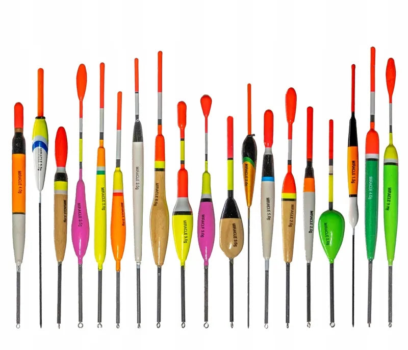 20 slankiojančių balsa medienos plūdžių rinkinys, 1–6 g, įvairių modelių, su tūba
