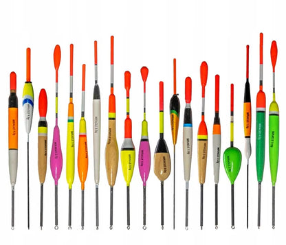 20 slankiojančių balsa medienos plūdžių rinkinys, 1–6 g, įvairių modelių, su tūba