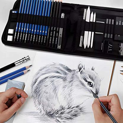 PROFESIONALUS PIEŠTUKŲ SKETCHINGUI IR BRĖŽYMUI RINKINYS 32W1 PIEŠTUKAI + DĖKLAS