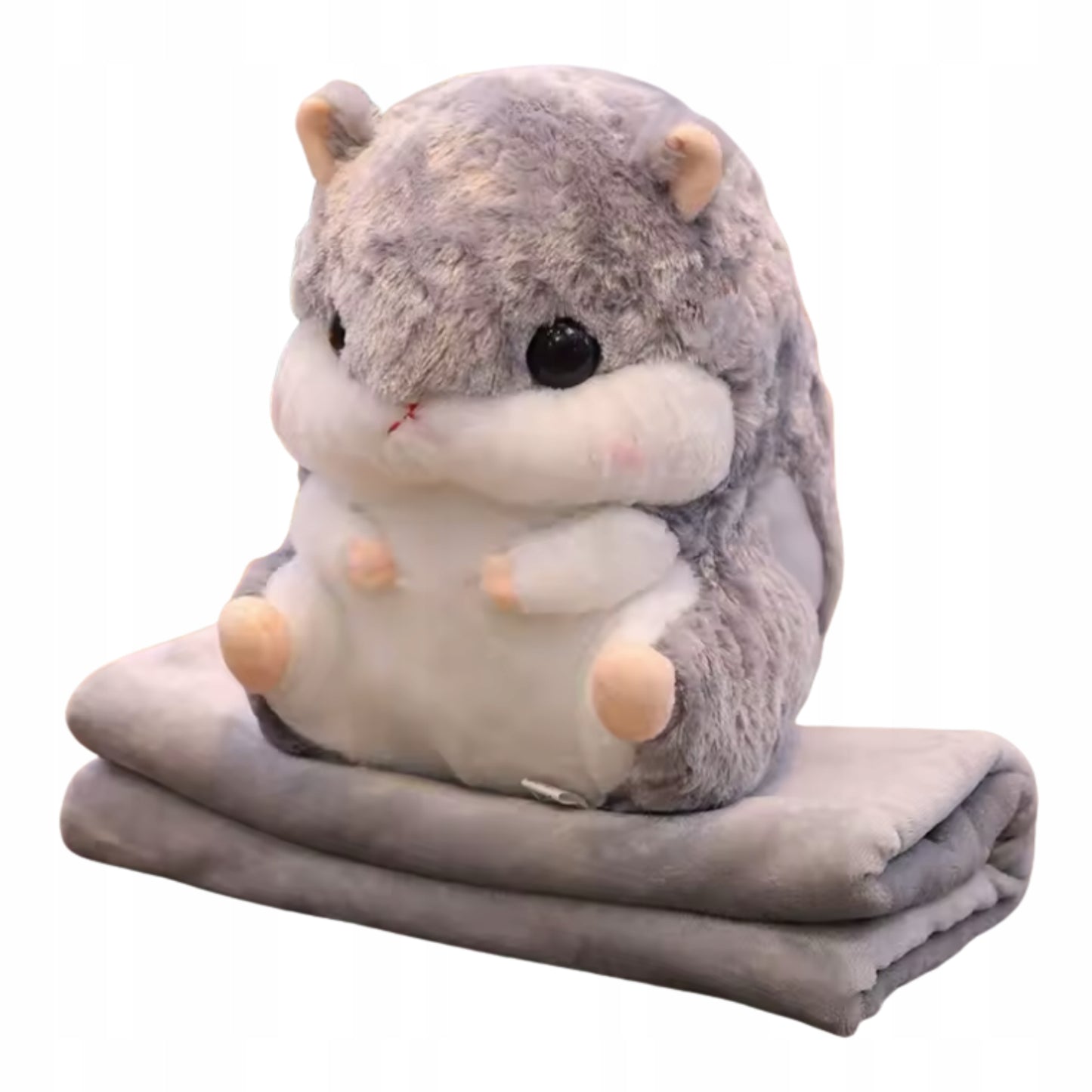 Rinkinys 3in1 Antklodė-Masiuotė Hamsteris Pilkas Minkštas Žaislas Pliušinis Pagalvėlė Antklodėlė 2in1