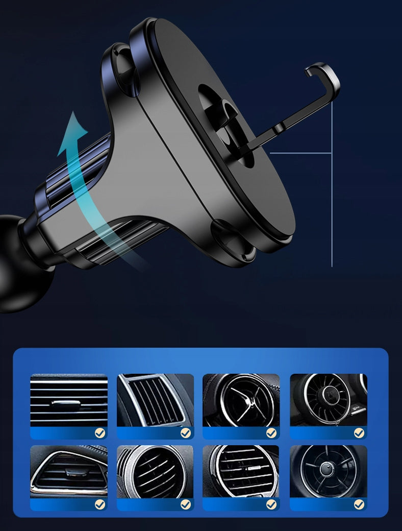 Automobilinis laikiklis telefonui su belaidžiu įkrovikliu, priekiniam stiklui, grotelėms, prietaisų skydeliui