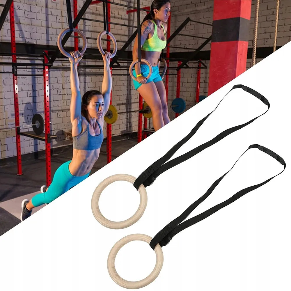 2x profesionalūs mediniai gimnastikos žiedai, žiedų rinkinys