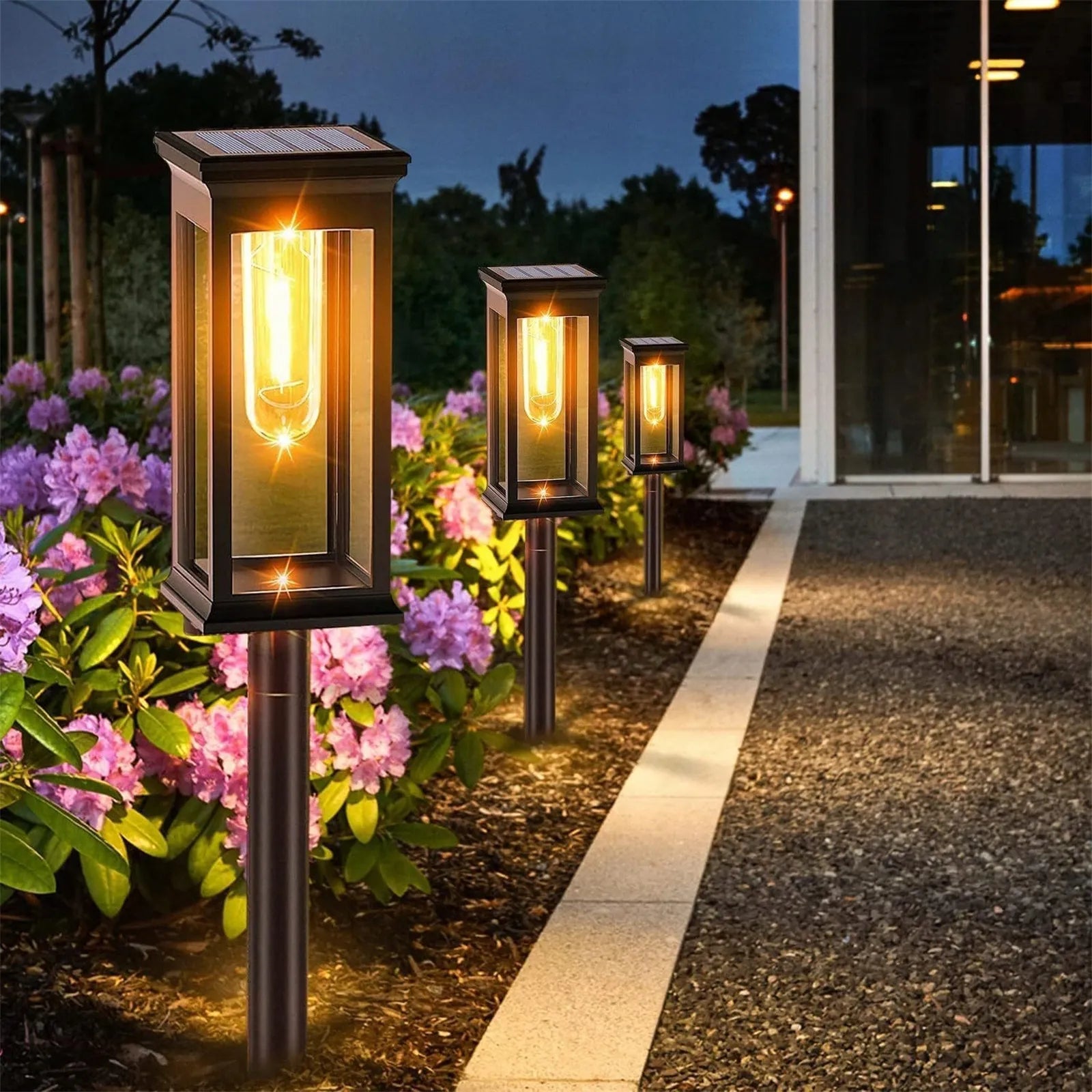 2x saulės energija varomi sodo šviestuvai, šilta šviesa