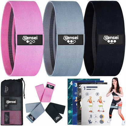 3 pasipriešinimo gumų rinkinys, medžiaginės gumos treniruotėms, Hip Bands 36 cm