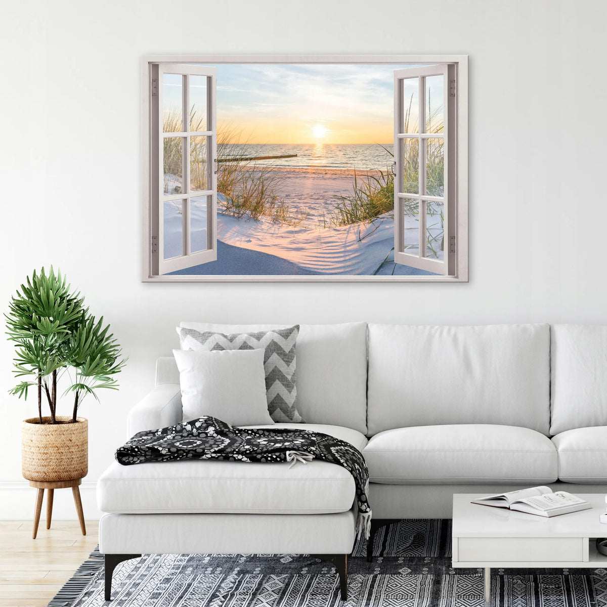 3D lango efektą sukuriantis jūros ir paplūdimio peizažas ant drobės, didelis sieninis paveikslas 120 × 80 cm