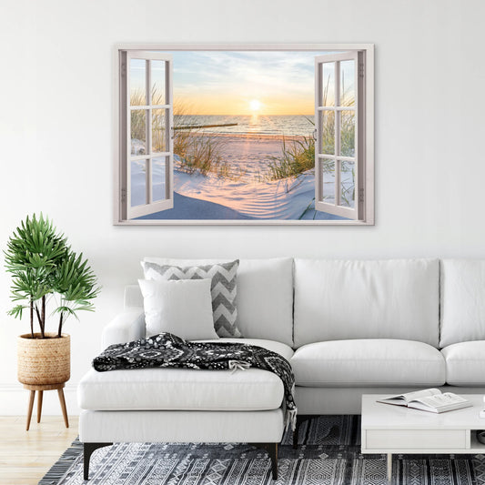 3D lango efektą sukuriantis jūros ir paplūdimio peizažas ant drobės, didelis sieninis paveikslas 120 × 80 cm