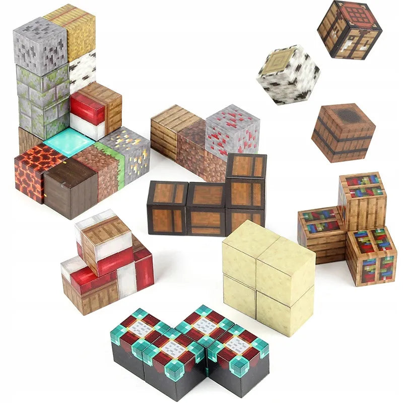 3D magnetinės kaladėlės, didelis rinkinys, 180 elementų, 2 figūrėlės ir dėžutė