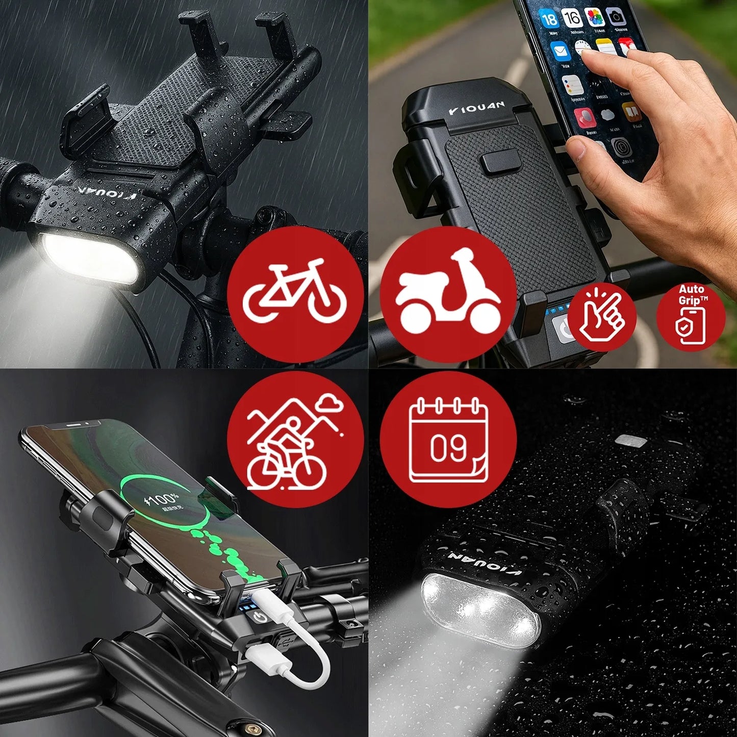 4-in-1 dviračio telefono laikiklis su LED žibintu, garso signalu ir išorine baterija