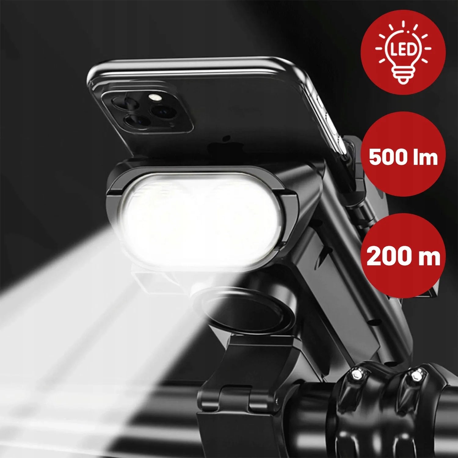 4-in-1 dviračio telefono laikiklis su LED žibintu, garso signalu ir išorine baterija