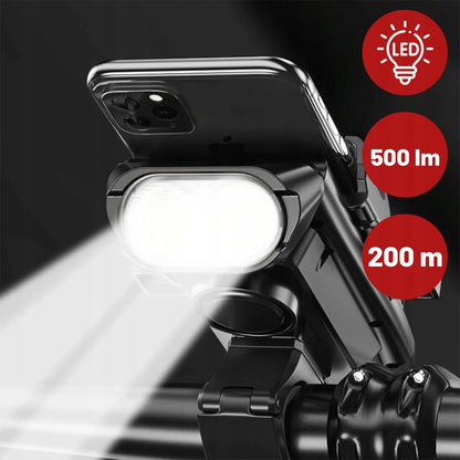 4-in-1 dviračio telefono laikiklis su LED žibintu, garso signalu ir išorine baterija