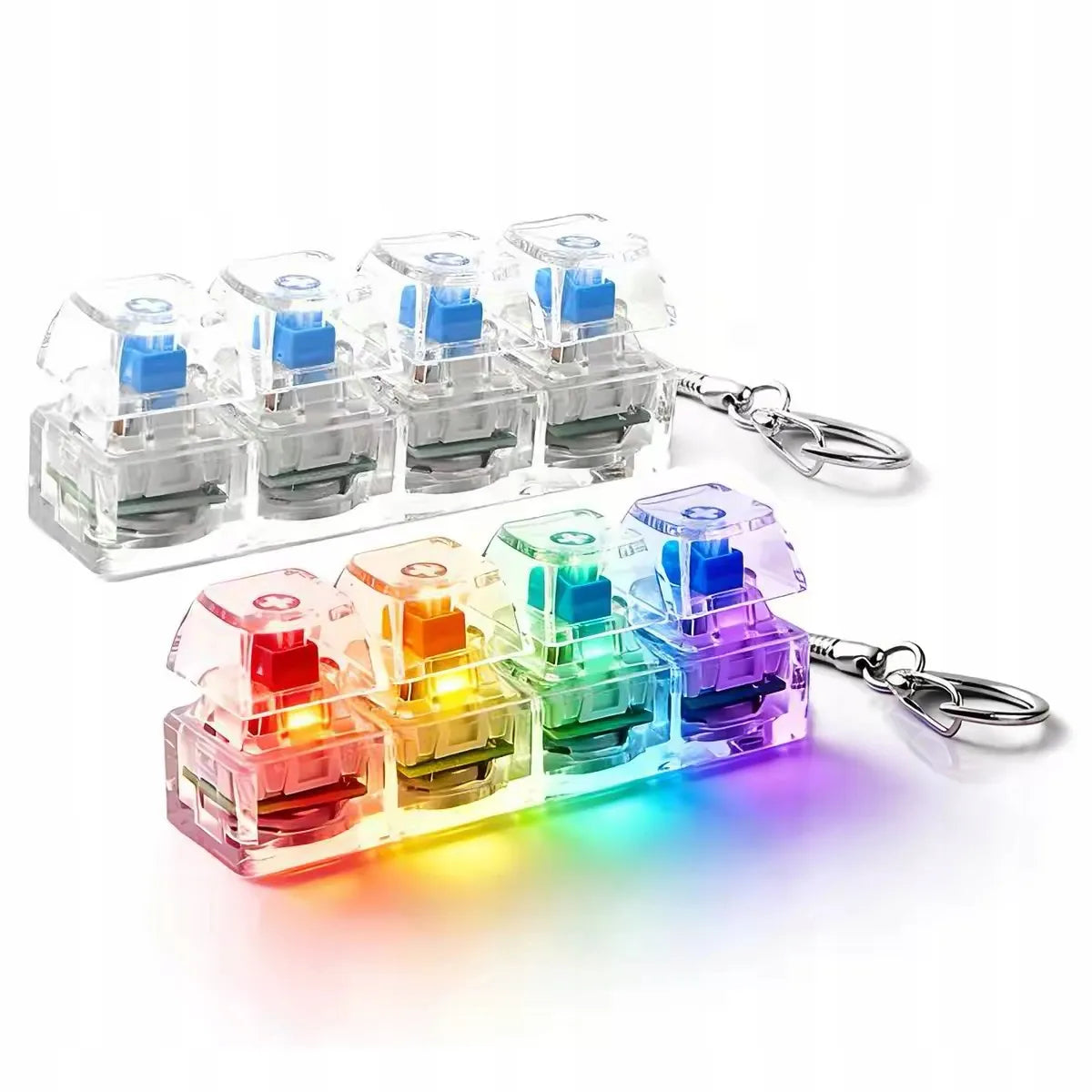 4 klavišų „clicker“ tipo antistresinis žaislas, klaviatūros imitacija, raktų pakabukas