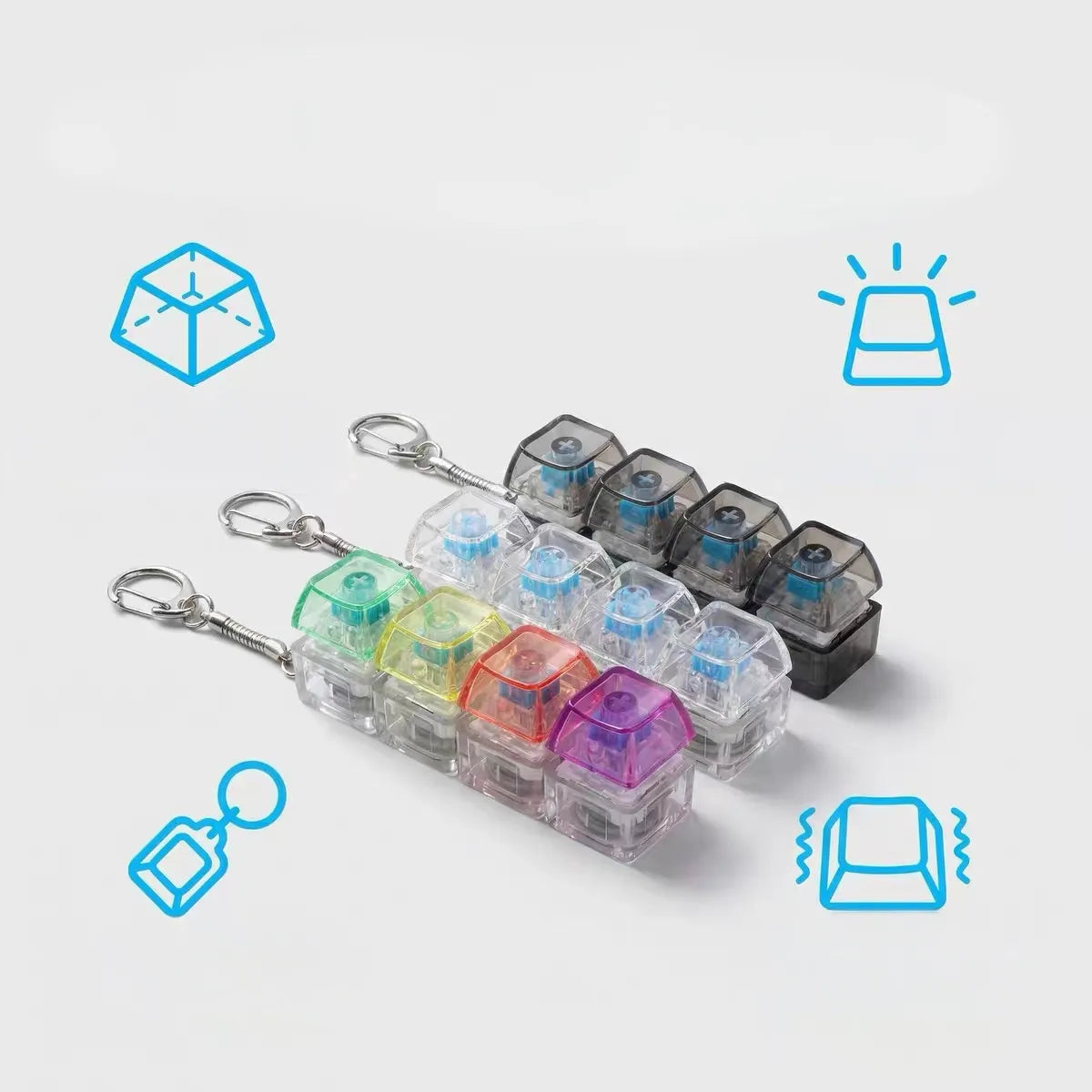 4 klavišų „clicker“ tipo antistresinis žaislas, klaviatūros imitacija, raktų pakabukas