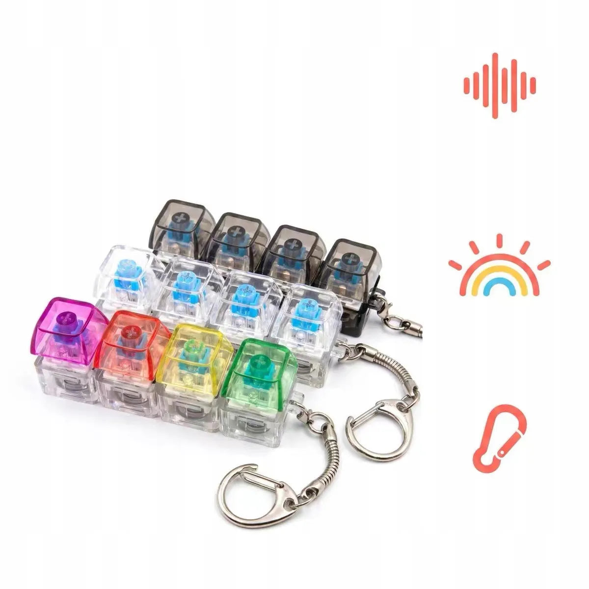 4 klavišų „clicker“ tipo antistresinis žaislas, klaviatūros imitacija, raktų pakabukas