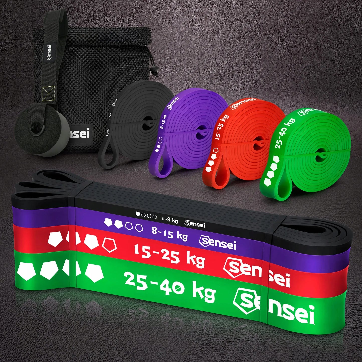 4 pasipriešinimo gumų (Power Band) rinkinys su laikikliu, treniruočių gumos, prisitraukimams