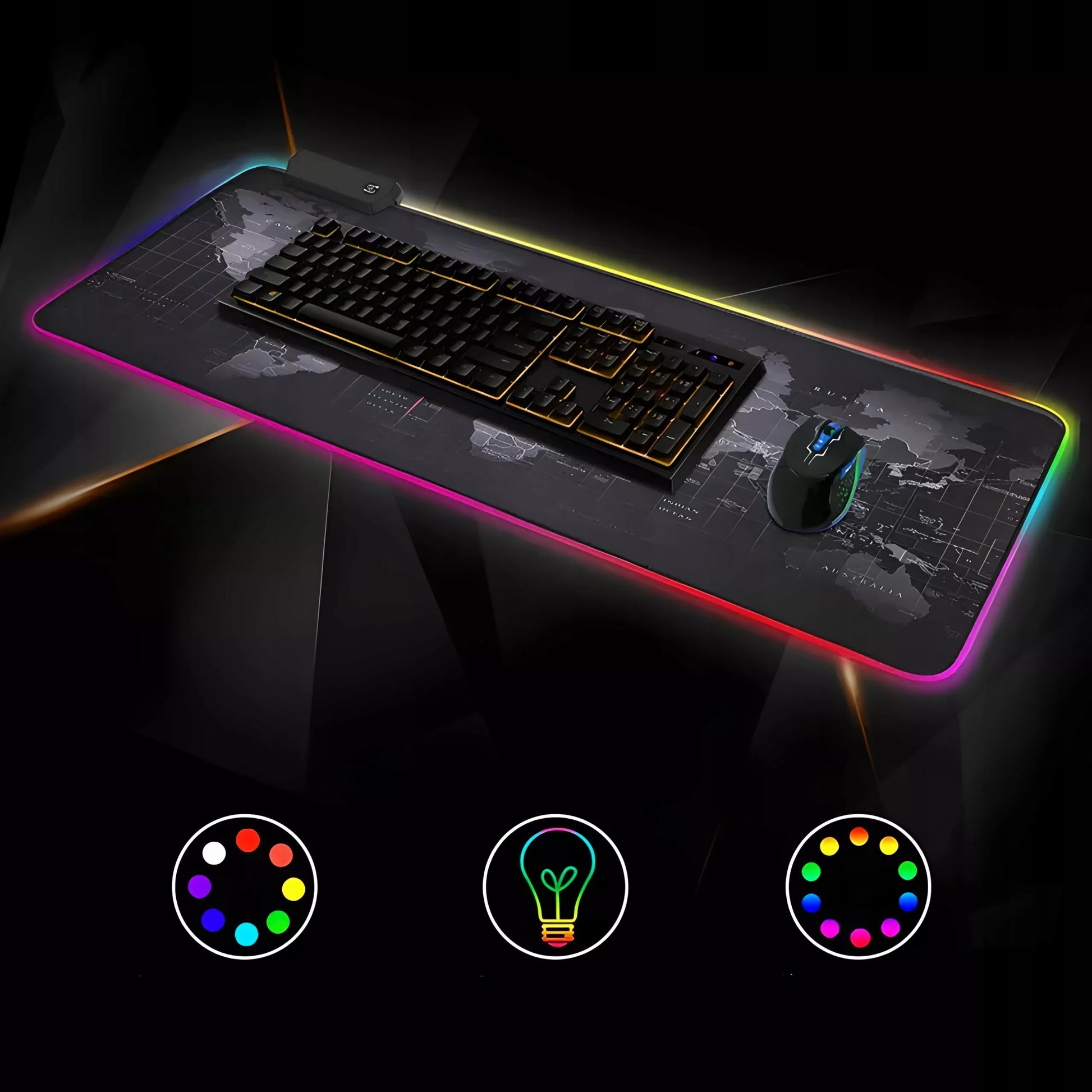 Apšviesta RGB žaidimų pelės kilimėlis LED 80x30 cm XXL Pasaulio žemėlapis