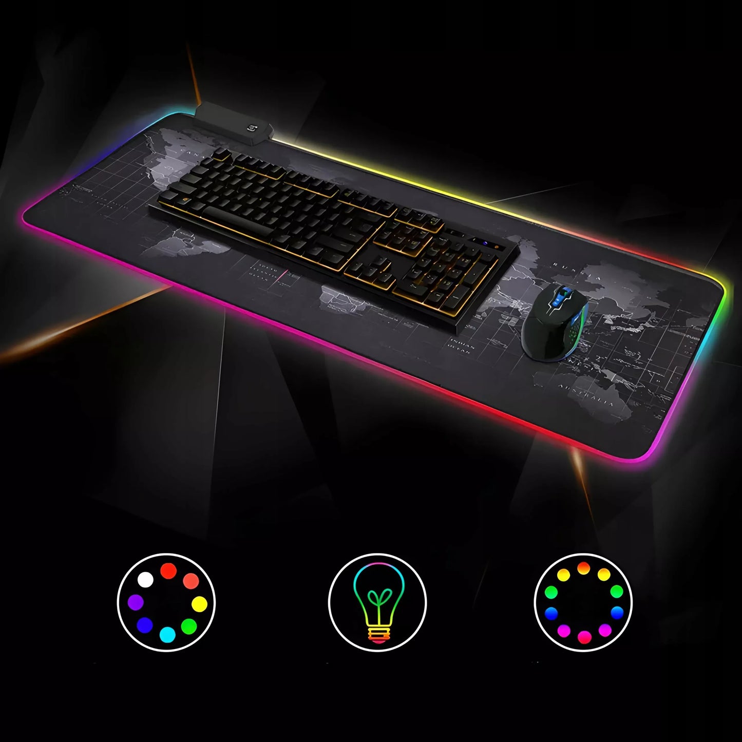 Apšviestas RGB žaidimų pelės kilimėlis XXL 80×30 cm – LED, Pasaulio žemėlapis