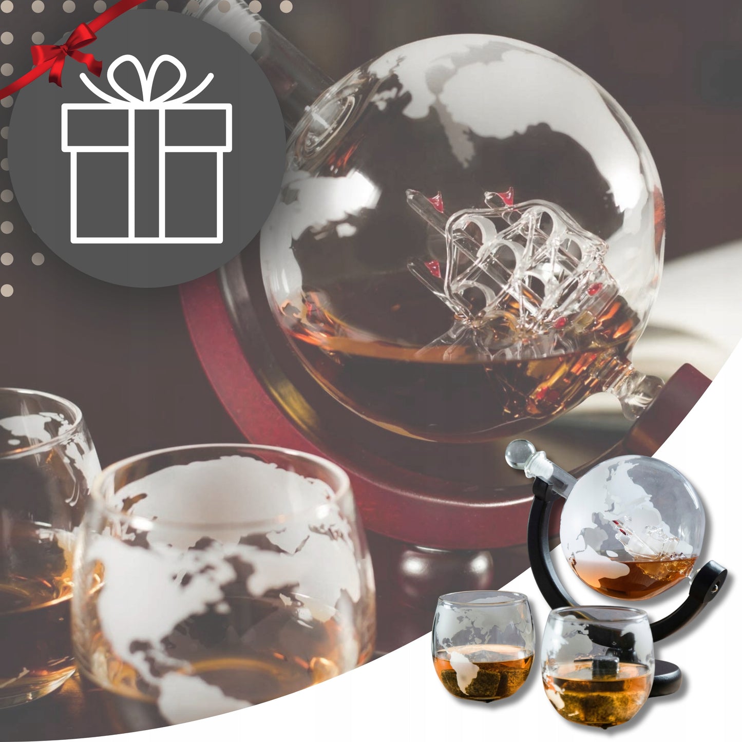 Viskių grafinas "Globus", stiklinės, akmenukai, stilinga dovana tėčiui, RINKINYS