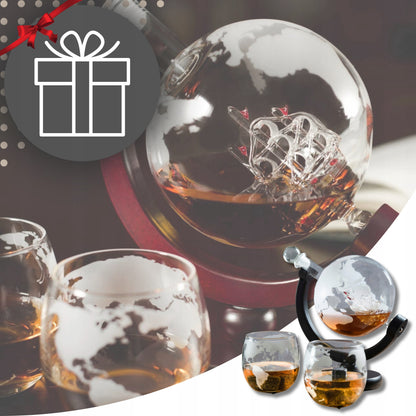 Viskių grafinas "Globus", stiklinės, akmenukai, stilinga dovana tėčiui, RINKINYS