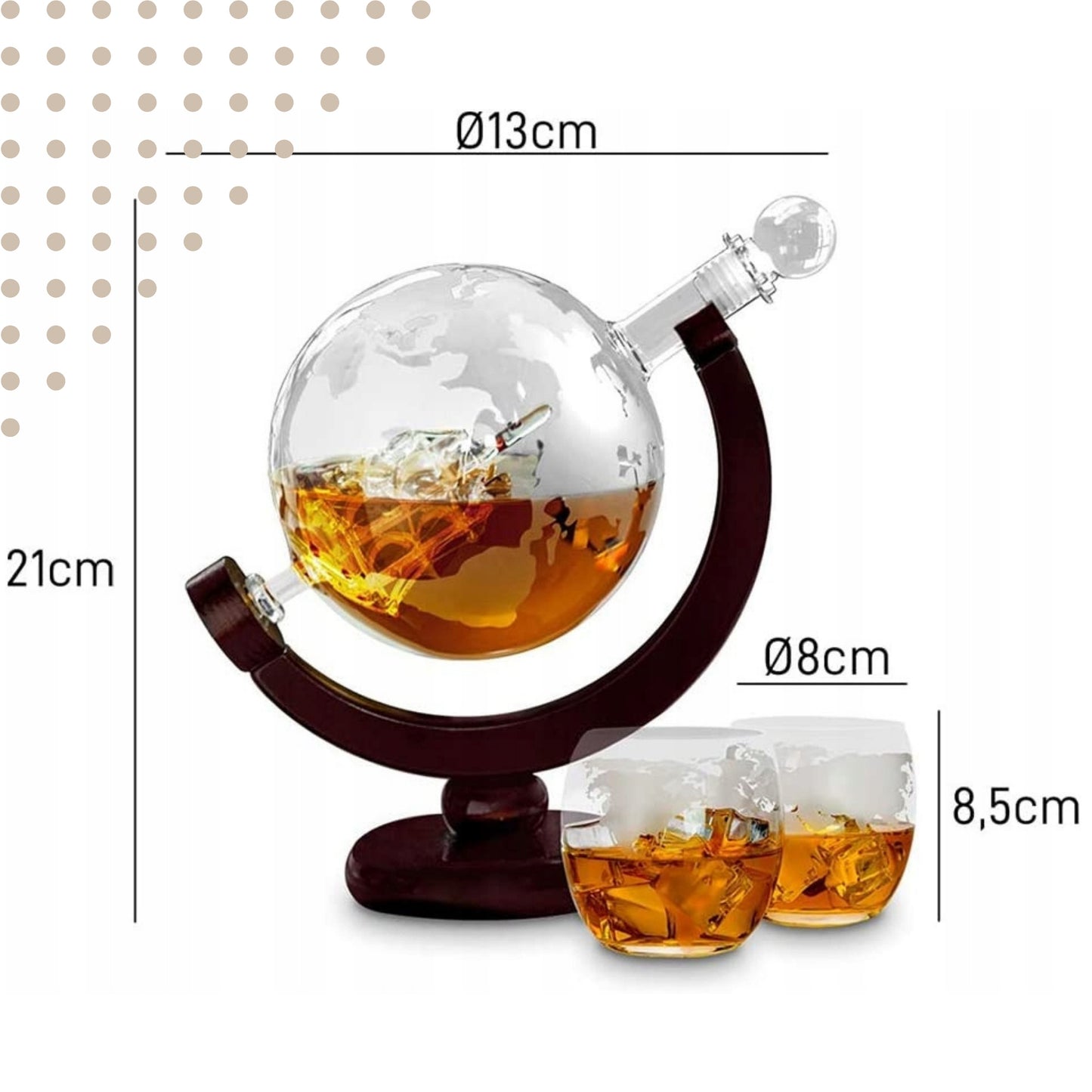 Viskių grafinas "Globus", stiklinės, akmenukai, stilinga dovana tėčiui, RINKINYS