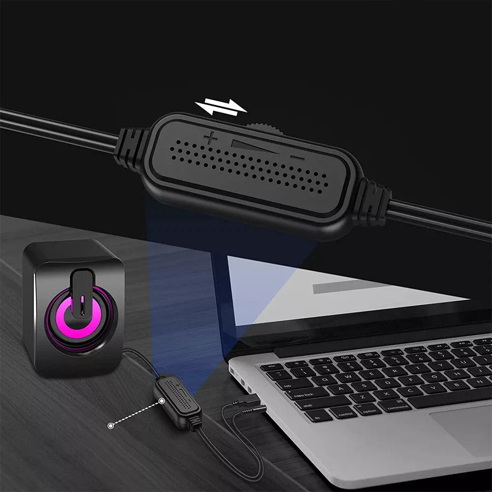 USB 2.0 KOMPIUTERINĖS GARSIAKALBĖS PC NEŠIOJAMAM KOMPIUTERIUI TELEVIZORIUI RGB LED AUX 2x
