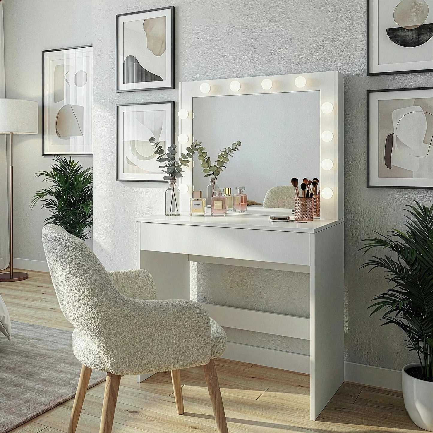 Kosmetinis staliukas su LED apšvietimu ir veidrodžiu makiažui + stalčius