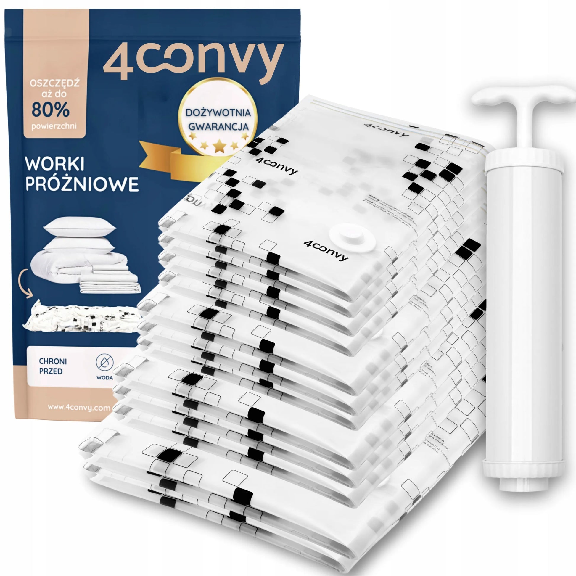 4CONVY vakuuminiai maišai patalynei, drabužiams, aprangai, 12 vnt. rinkinys su „MAXI“ pompa