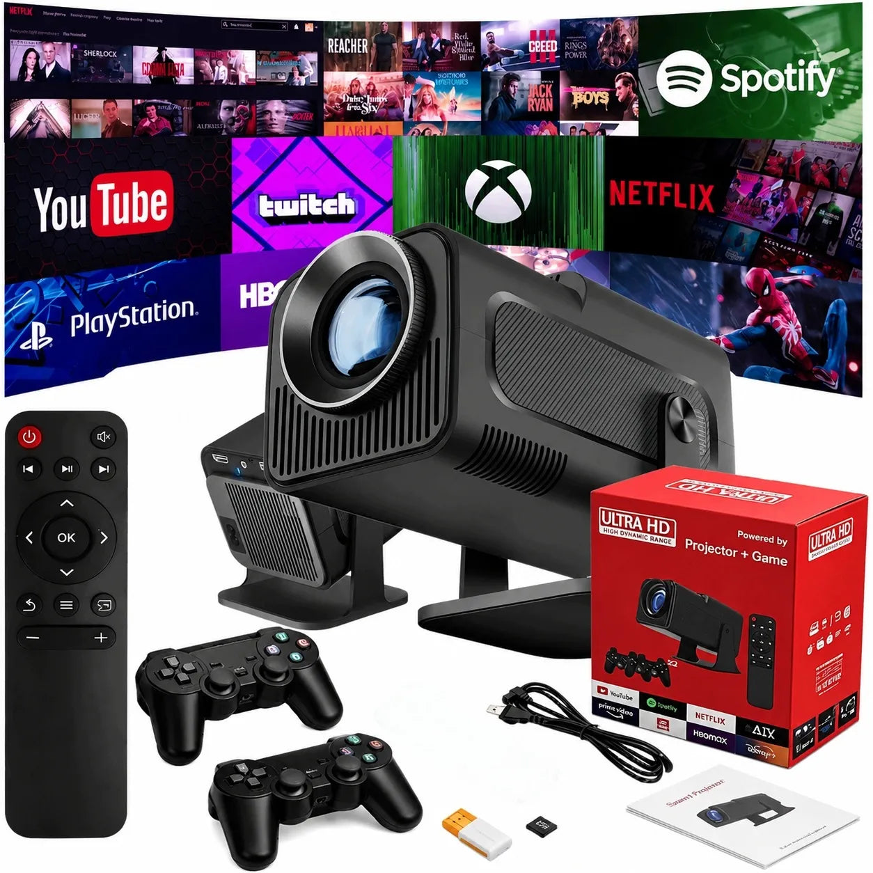 4K LED projektorius su „Android“, „Game Stick Pro“ ir 2 pulteliais